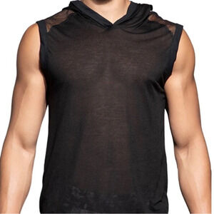 Andrew Christian City Mesh Burnout Sleeveless Hoodie Black Large